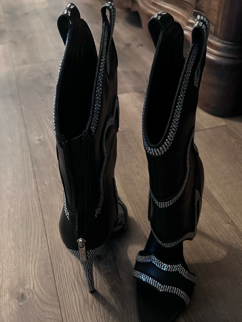 Cape Robbin Black Rhinestone-Trim Stiletto Knee-High Boots